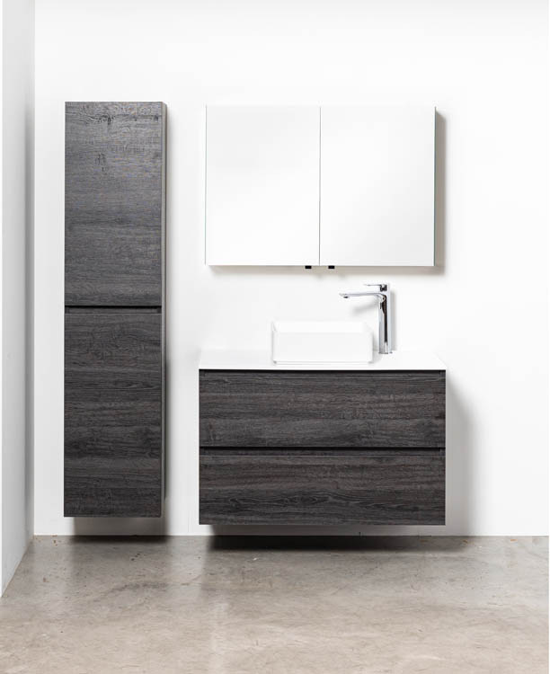 Badkamermeubel Dotan donkere eik hangend met wit melamine topblad 120cm