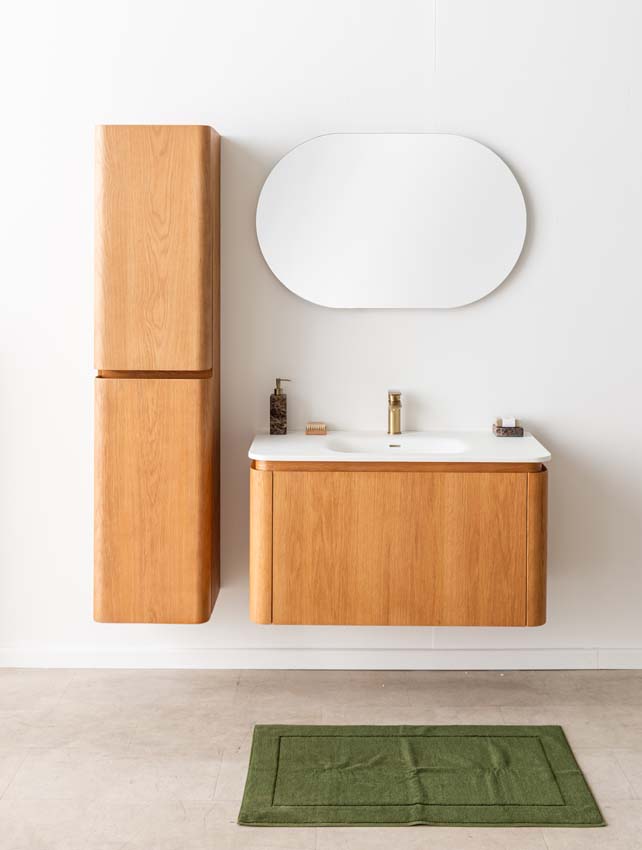 Badkamermeubel Floris eik hangend met enkele wastafel glanzend wit 100cm